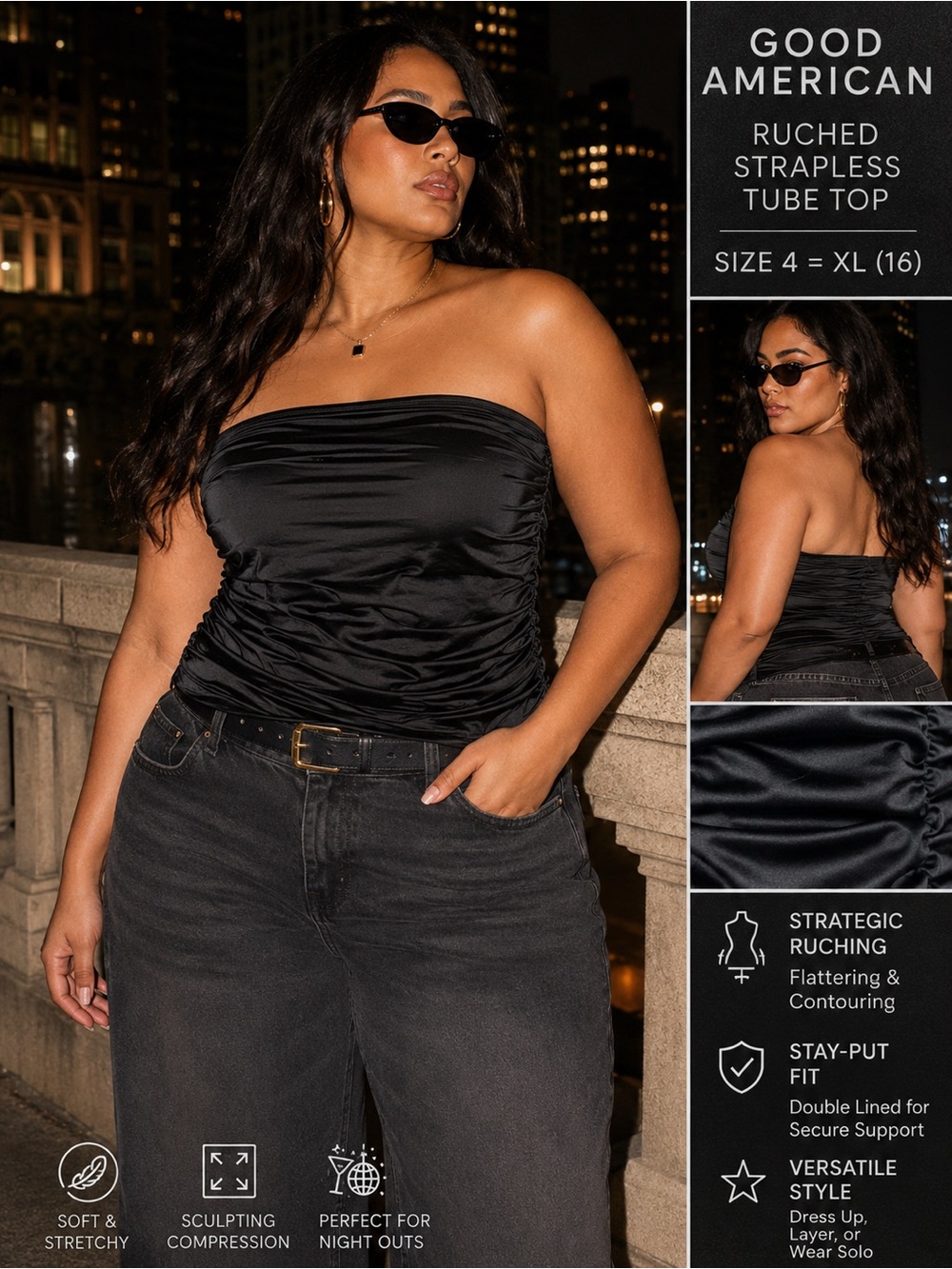 Good American Black Ruched Strapless Tube Top Size 4 XL 16 EUC - Picture 9 of 9